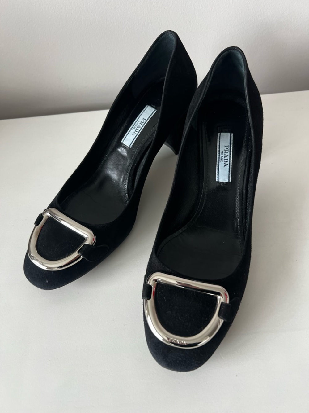 Prada Black Suede Pumps with Silver Buckle